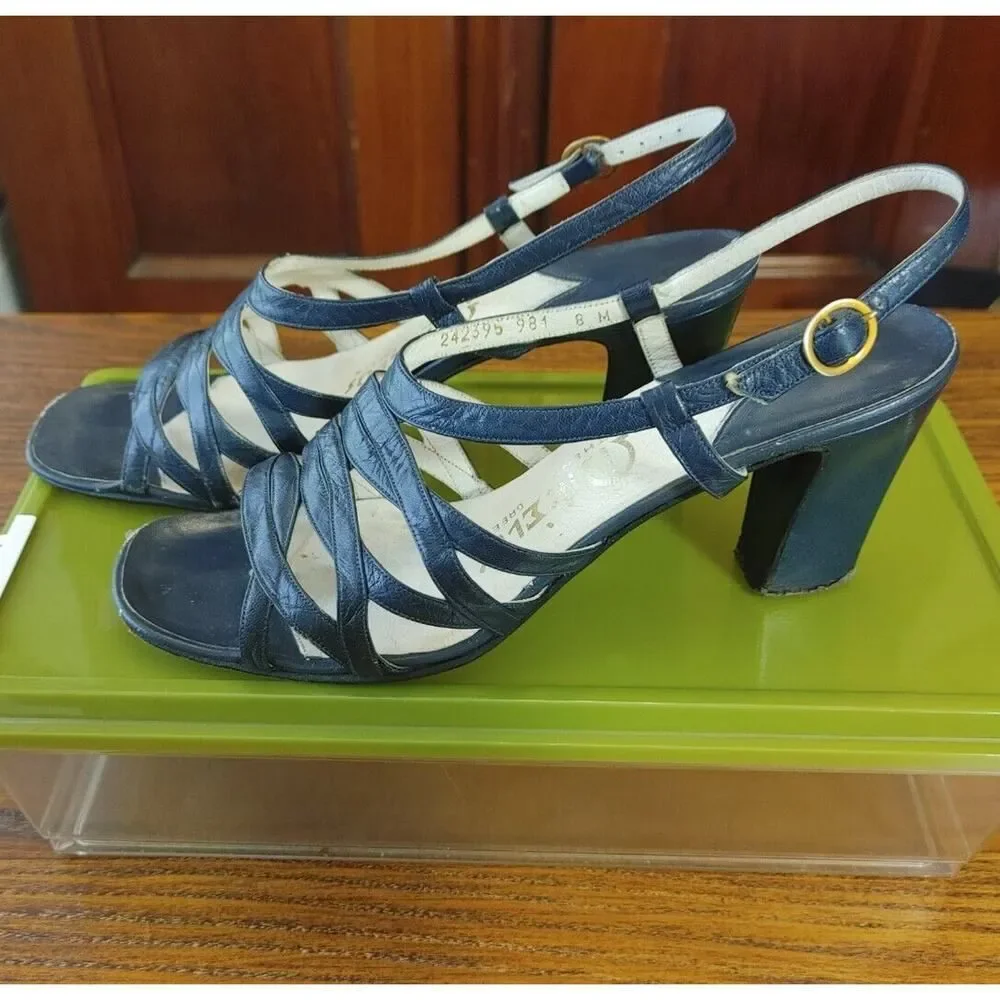 Luxe Retro Vintage Imported Mikelos Athens, Greece 8 N Navy Sandals Heels Chic